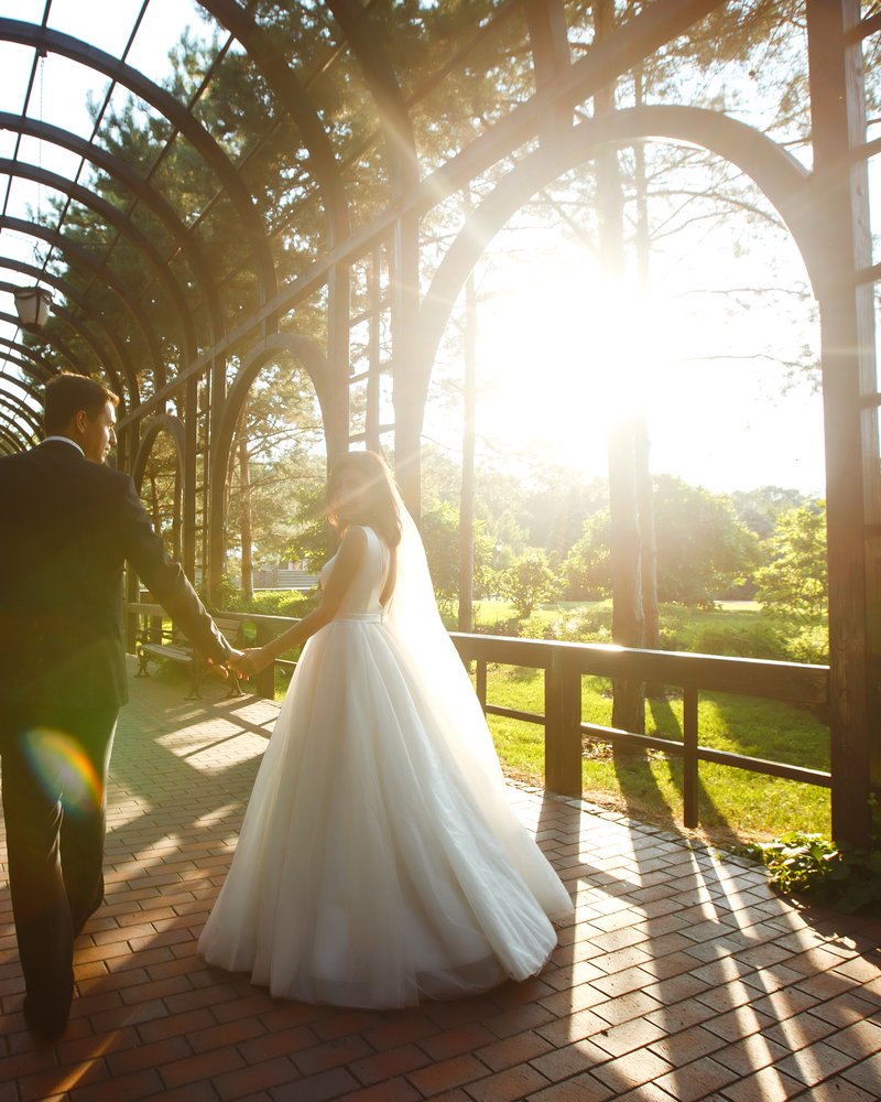 A couple holding hands on their wedding day