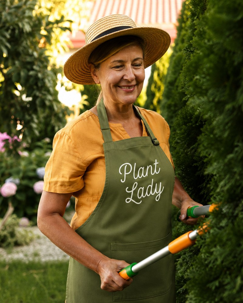 A woman gardening in her Plant Lady apron